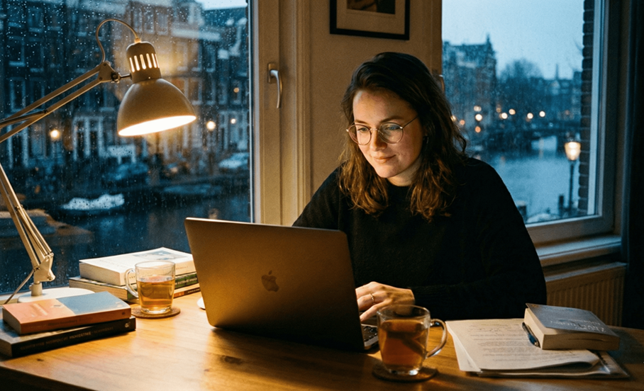 Iemand met een bril achter een laptop in de avond