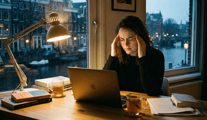 Vrouw met hoofdpijn wrijft over haar voorhoofd