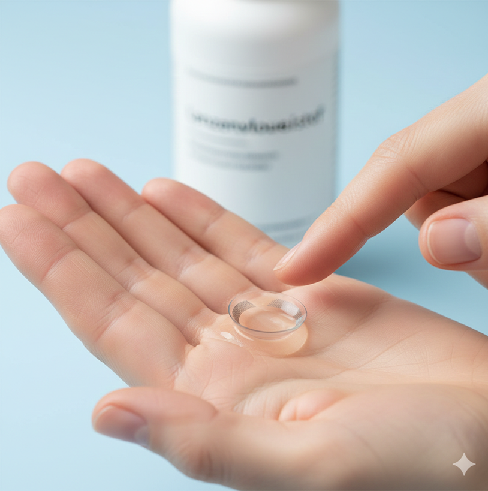 Contactlenzen reinigen door zachtjes te wrijven in de handpalm met lenzenvloeistof.