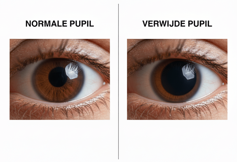 Illustratie van het verschil tussen een normale en verwijdde pupil voor een oogmeting met druppels.