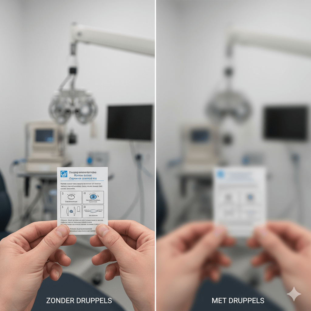 Visueel verschil tussen een oogonderzoek met en zonder pupilverwijdende druppels.