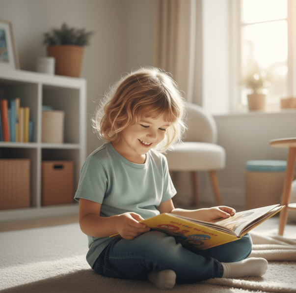 Kind met bril achter een tablet of boek