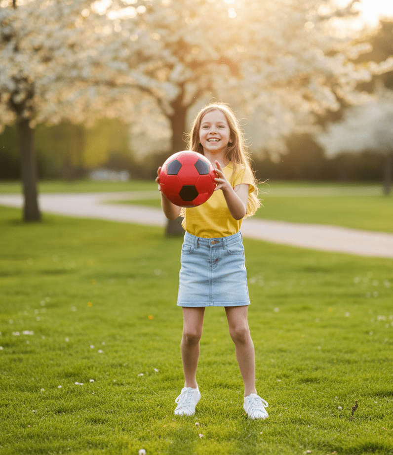 Lachend kind dat vol zelfvertrouwen buiten speelt.