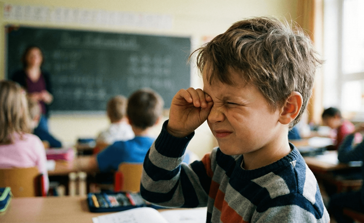 Kind in de klas kijkt knijpend naar het schoolbord